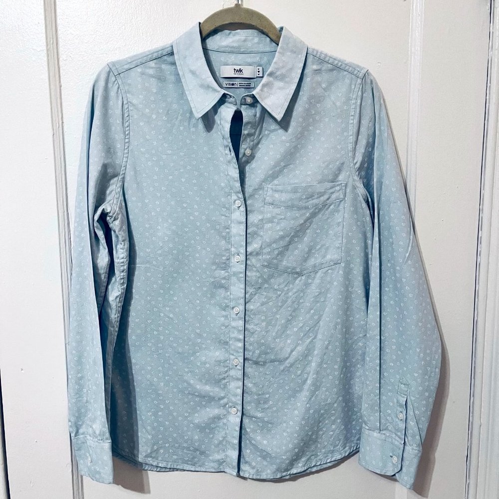Twik Exclusive 100% Cotton Button Down Shirt, Light Blue/Floral, US M